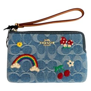 Coach Zip Wristlet Signature Denim Rainbow Mushrooms
